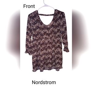 NWT. Nordstrom Black Taupe floral Ruffle sleeves Blouse Sz S